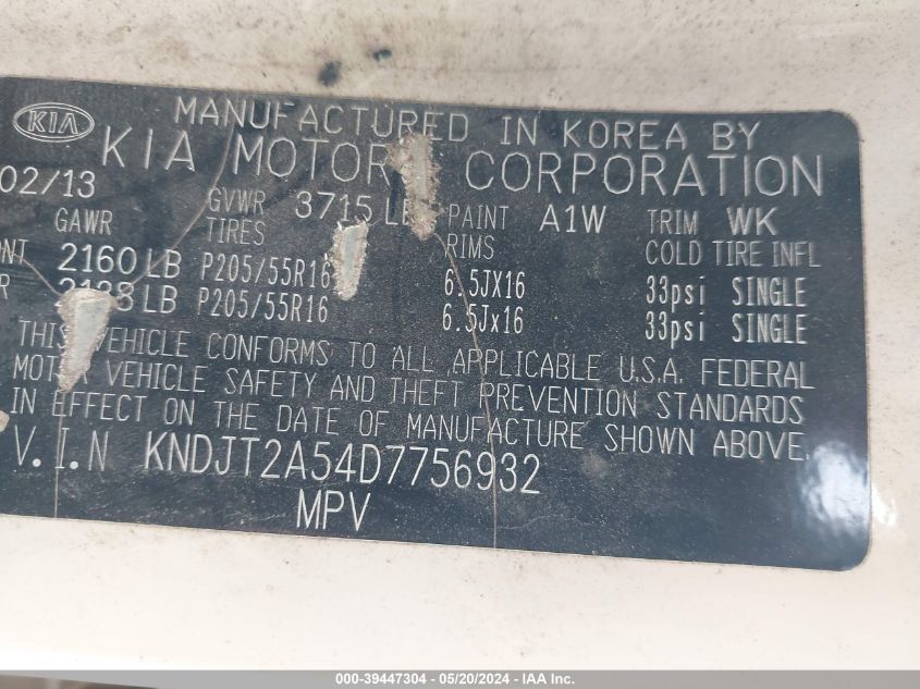 2013 Kia Soul VIN: KNDJT2A54D7756932 Lot: 39447304