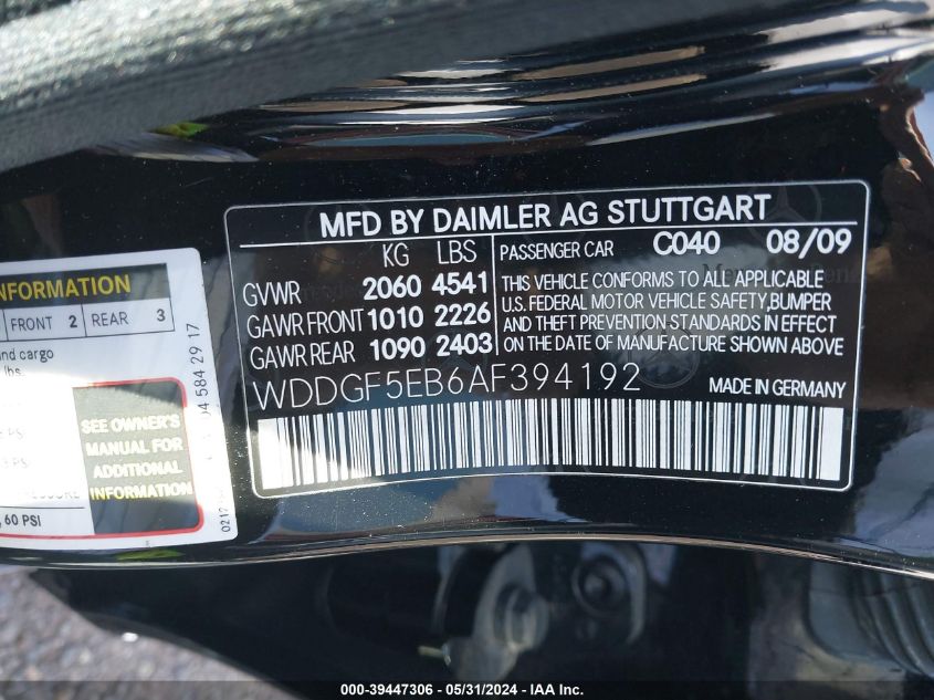 2010 Mercedes-Benz C 300 Luxury/Sport VIN: WDDGF5EB6AF394192 Lot: 39447306