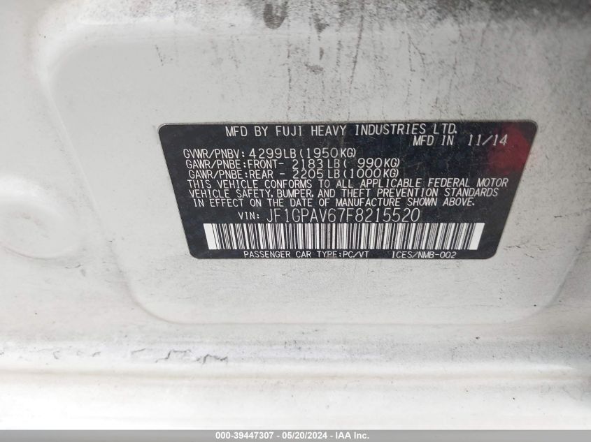 2015 Subaru Impreza Sport Limited VIN: JF1GPAV67F8215520 Lot: 39447307