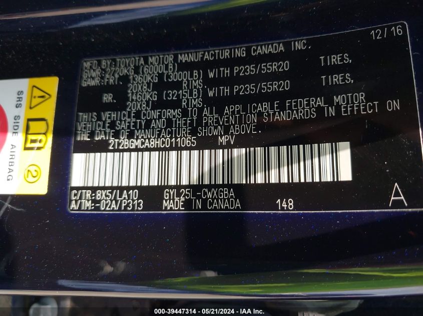 2017 Lexus Rx 450H VIN: 2T2BGMCA8HC011065 Lot: 39447314