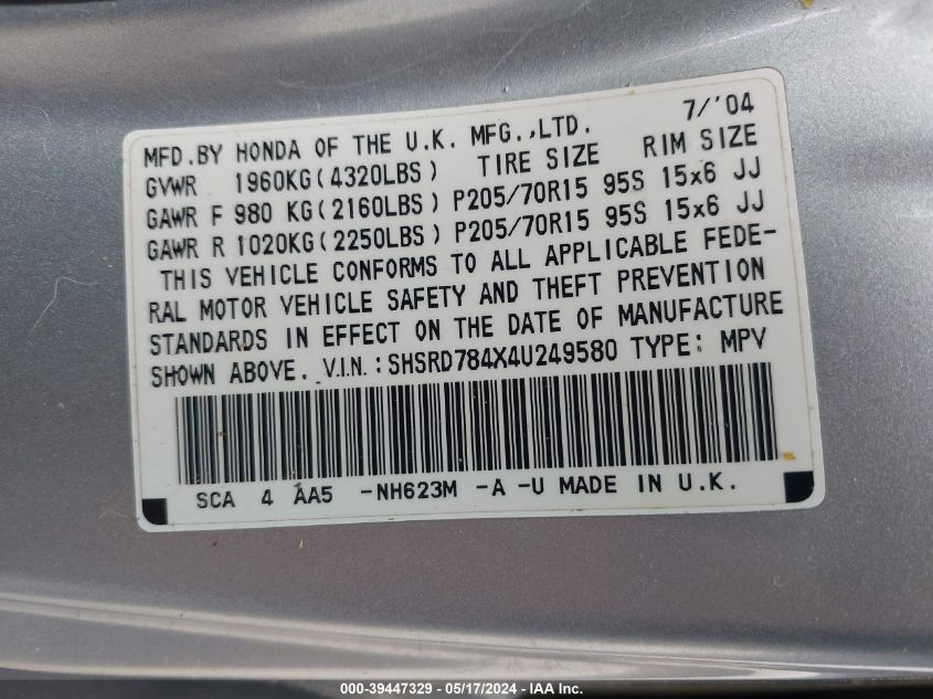 2004 Honda Cr-V Lx VIN: SHSRD784X4U249580 Lot: 39447329