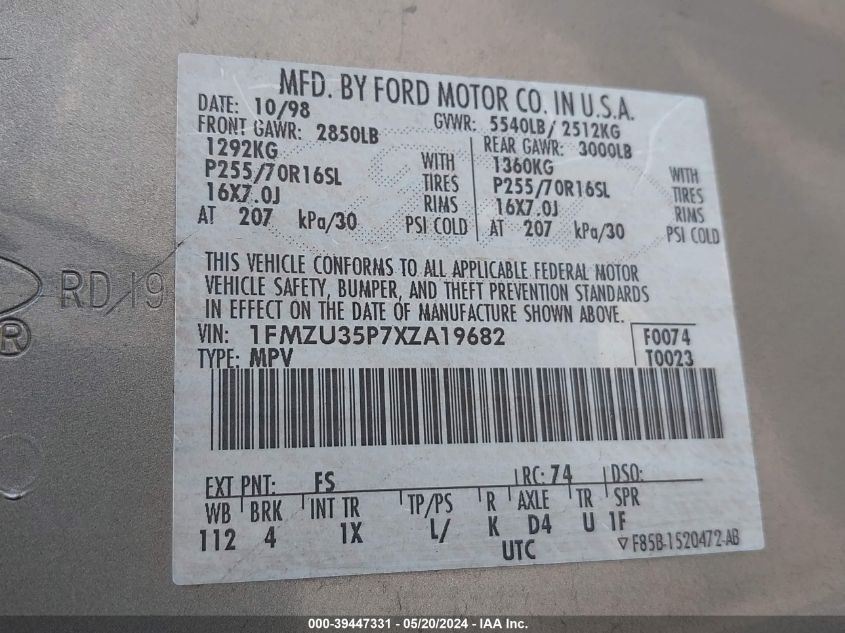 1999 Ford Explorer Eddie Bauer/Limited/Xlt VIN: 1FMZU35P7XZA19682 Lot: 39447331