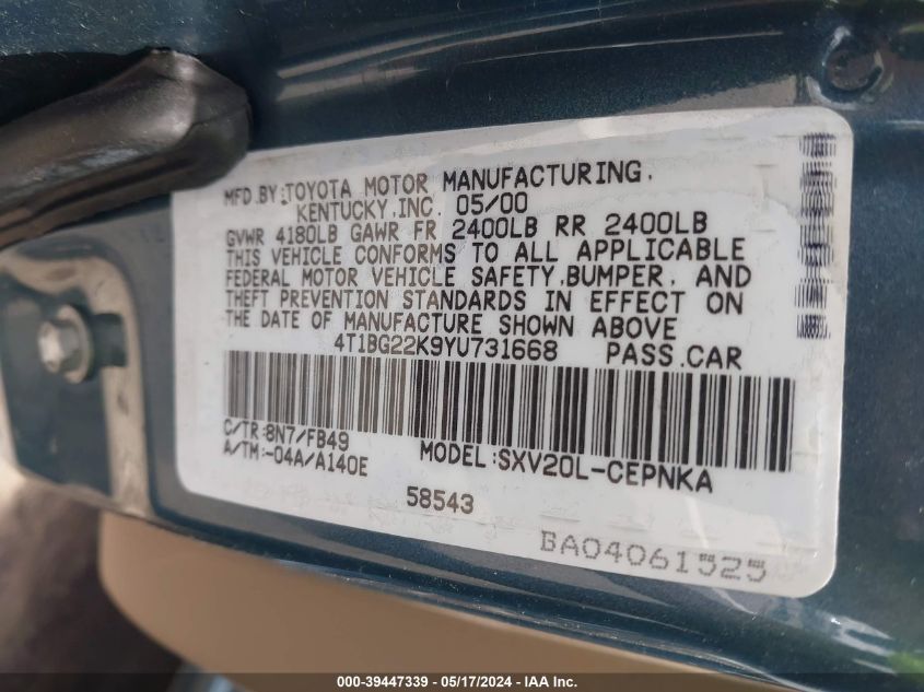 2000 Toyota Camry Le VIN: 4T1BG22K9YU731668 Lot: 39447339