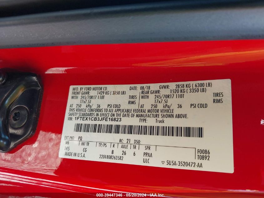 2018 Ford F-150 Xl VIN: 1FTEX1CB3JFE16823 Lot: 39447346