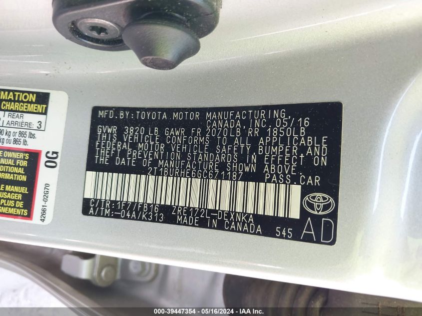 2016 Toyota Corolla Le VIN: 2T1BURHE6GC671187 Lot: 39447354