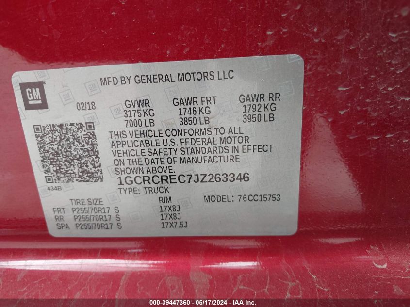 2018 Chevrolet Silverado 1500 1Lt VIN: 1GCRCREC7JZ263346 Lot: 39447360