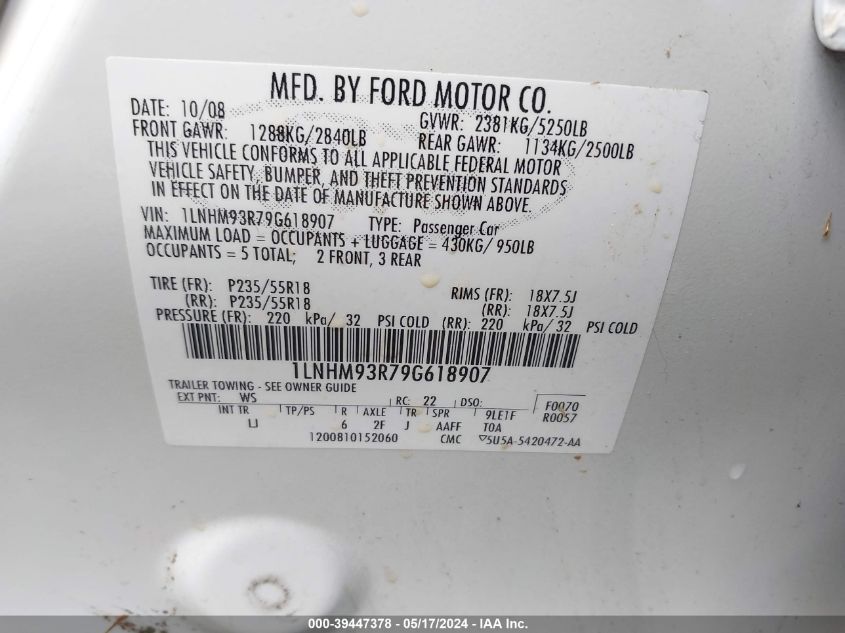 2009 Lincoln Mks VIN: 1LNHM93R79G618907 Lot: 39447378