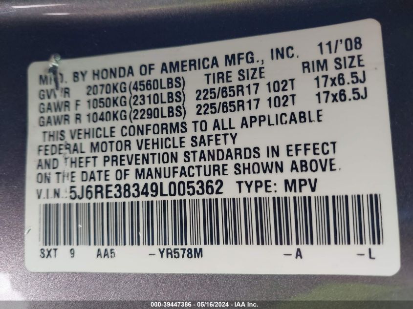 2009 Honda Cr-V Lx VIN: 5J6RE38349L005362 Lot: 39447386