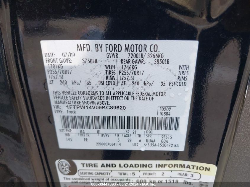 2009 Ford F-150 Fx4/King Ranch/Lariat/Platinum/Xl/Xlt VIN: 1FTPW14V09KC89620 Lot: 39447393