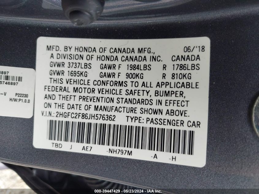 2018 Honda Civic Ex VIN: 2HGFC2F86JH576362 Lot: 39447429