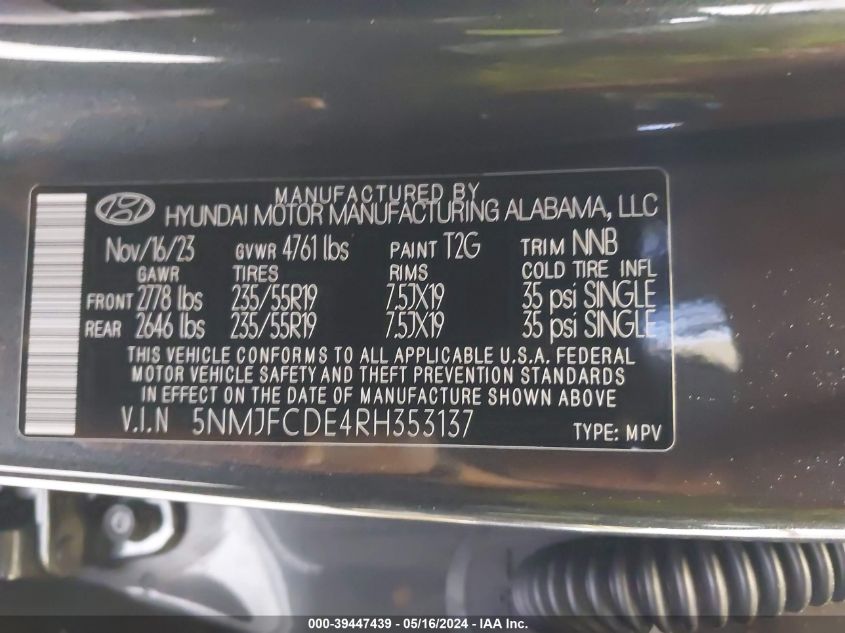 2024 Hyundai Tucson Sel VIN: 5NMJFCDE4RH353137 Lot: 39447439