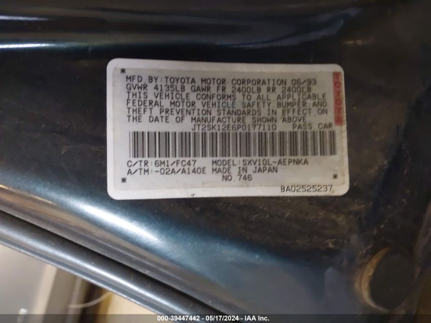 1993 Toyota Camry Le VIN: JT2SK12E6P0177110 Lot: 39447442