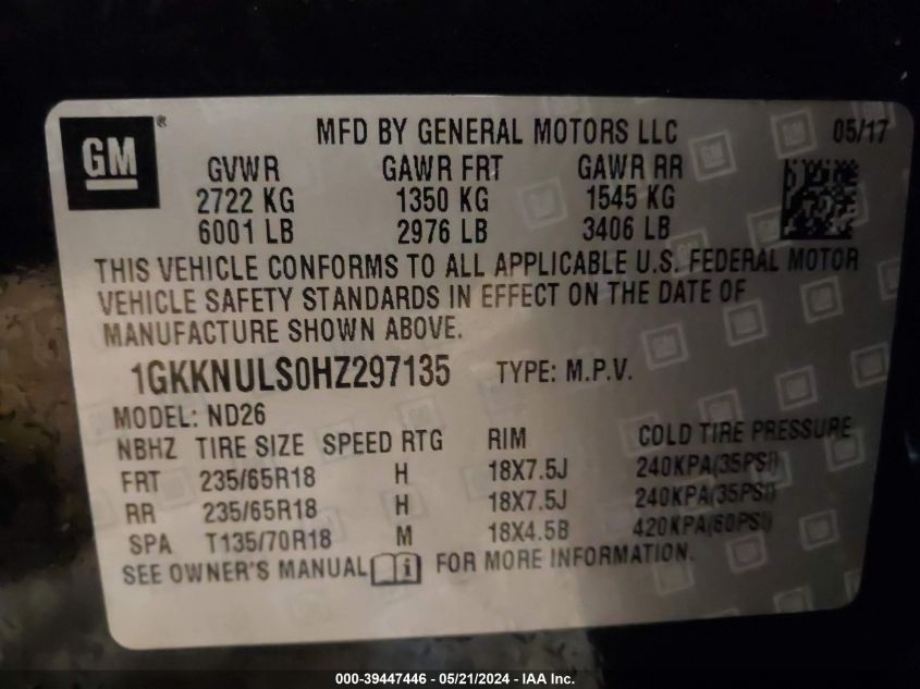 2017 GMC Acadia Slt-1 VIN: 1GKKNULS0HZ297135 Lot: 39447446