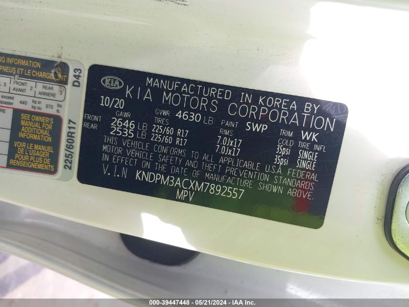 2021 Kia Sportage Lx VIN: KNDPM3ACXM7892557 Lot: 39447448