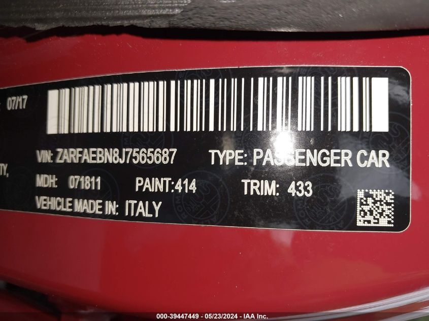 2018 Alfa Romeo Giulia Rwd VIN: ZARFAEBN8J7565687 Lot: 39447449