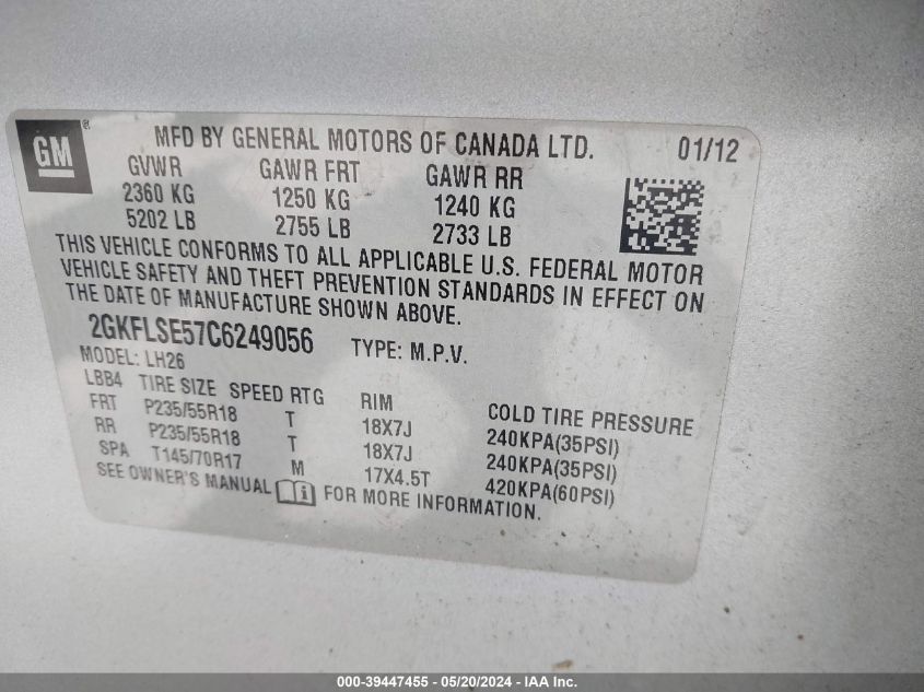 2012 GMC Terrain Sle-2 VIN: 2GKFLSE57C6249056 Lot: 39447455