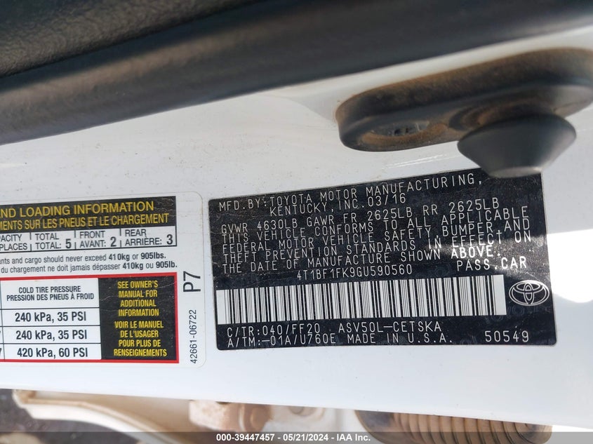 2016 Toyota Camry Se VIN: 4T1BF1FK9GU590560 Lot: 39447457