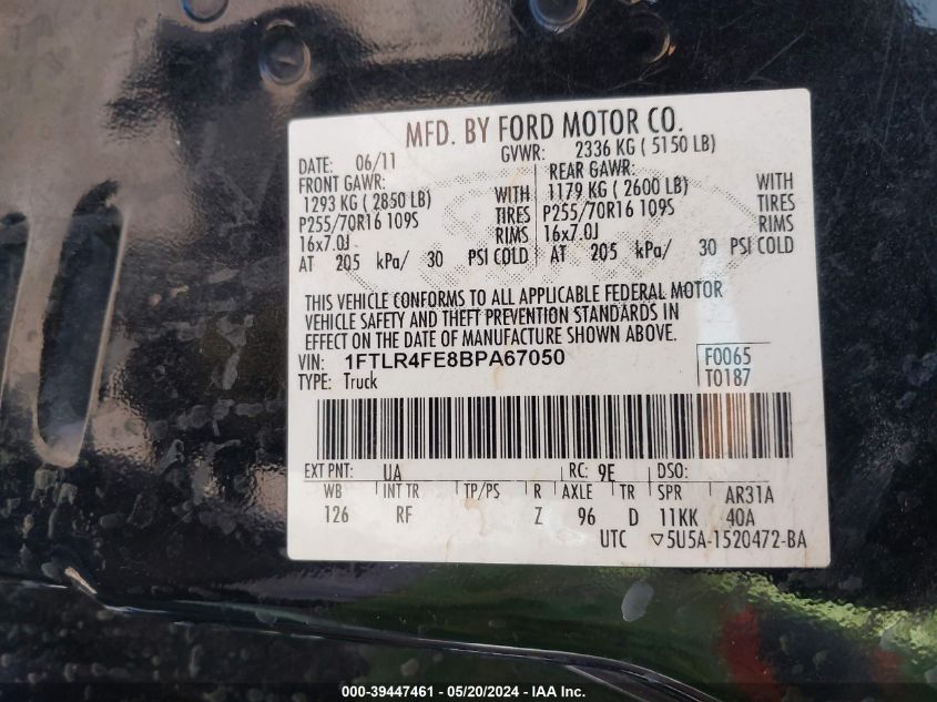 2011 Ford Ranger Xlt VIN: 1FTLR4FE8BPA67050 Lot: 39447461