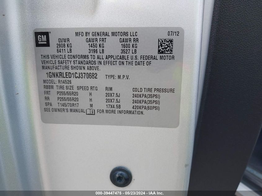 2012 Chevrolet Traverse Ltz VIN: 1GNKRLED1CJ370682 Lot: 39447475