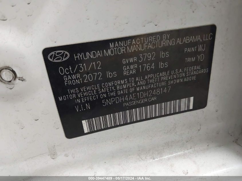 2013 Hyundai Elantra Gls VIN: 5NPDH4AE1DH248147 Lot: 39447489
