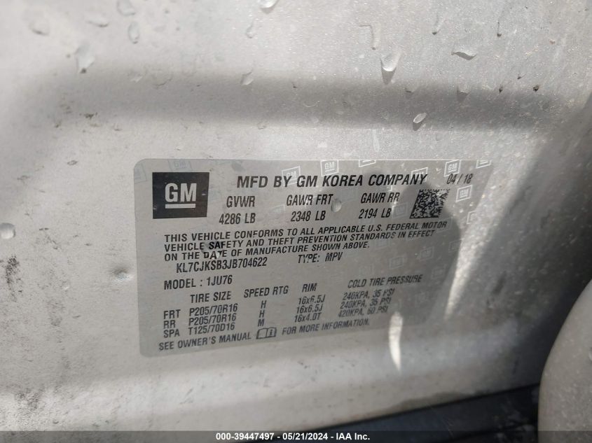 2018 Chevrolet Trax Ls VIN: KL7CJKSB3JB704622 Lot: 39447497