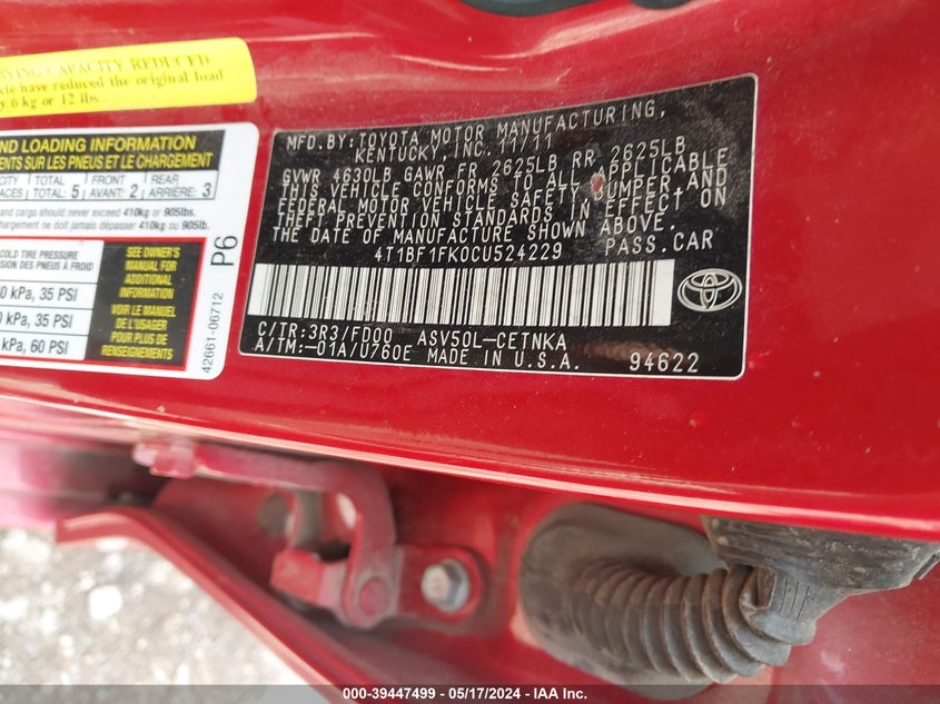 2012 Toyota Camry Le VIN: 4T1BF1FK0CU524229 Lot: 39447499