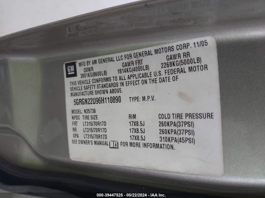 2006 Hummer H2 Sut VIN: 5GRGN22U96H110890 Lot: 39447525