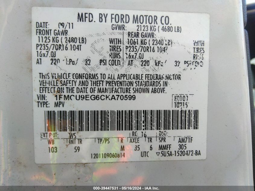 2012 Ford Escape Limited VIN: 1FMCU9EG6CKA70599 Lot: 39447531