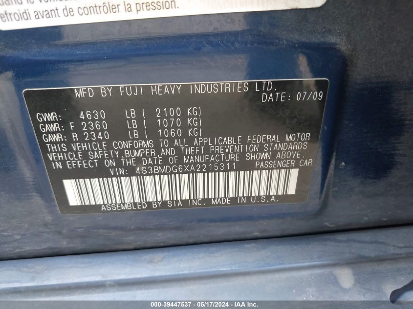 2010 Subaru Legacy 3.6R Premium VIN: 4S3BMDG6XA2215311 Lot: 39447537