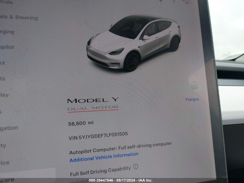 2020 Tesla Model Y Long Range Dual Motor All-Wheel Drive/Performance Dual Motor All-Wheel Drive VIN: 5YJYGDEF7LF051505 Lot: 39447546