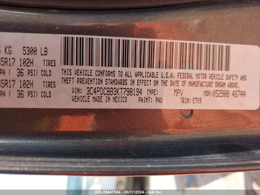 2019 Dodge Journey Se VIN: 3C4PDCBB3KT798194 Lot: 39447554