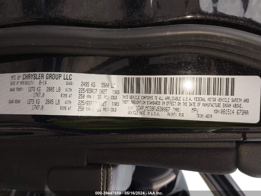 2015 Jeep Cherokee Latitude VIN: 1C4PJMCS9FW530067 Lot: 39447559