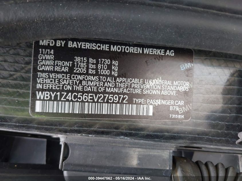 2014 BMW I3 Base W/Range Extender VIN: WBY1Z4C56EV275972 Lot: 39447562