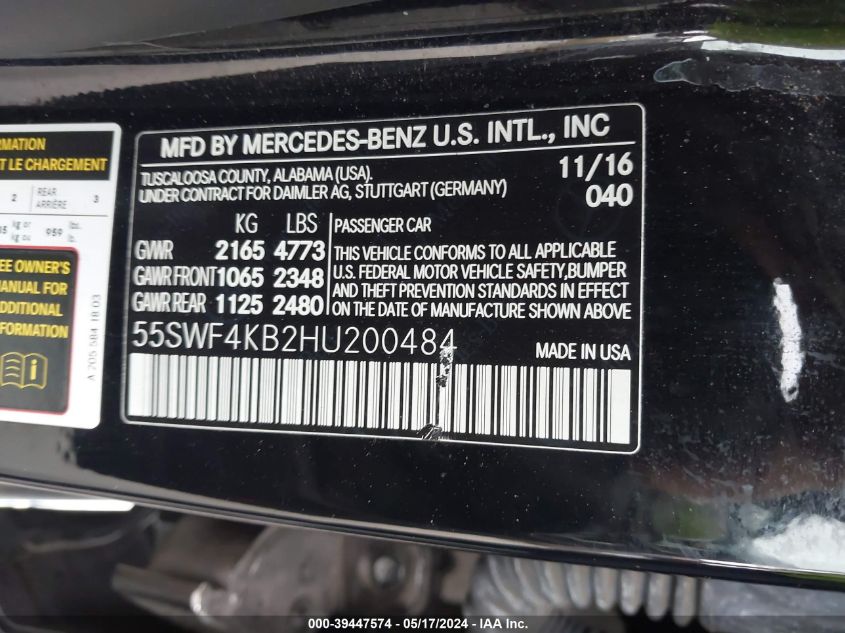 2017 Mercedes-Benz C 300 4Matic/Luxury 4Matic/Sport 4Matic VIN: 55SWF4KB2HU200484 Lot: 39447574