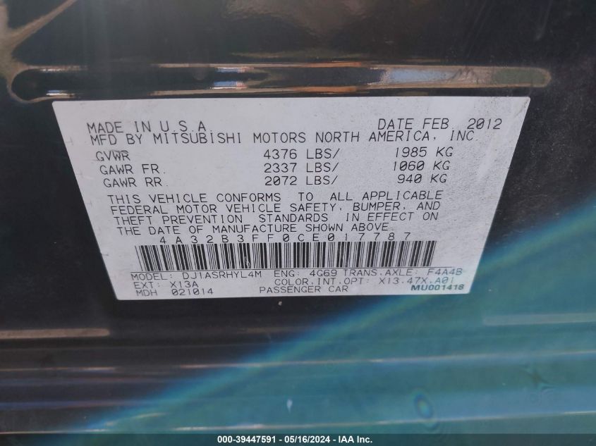 2012 Mitsubishi Galant Es/Se VIN: 4A32B3FF0CE017787 Lot: 39447591