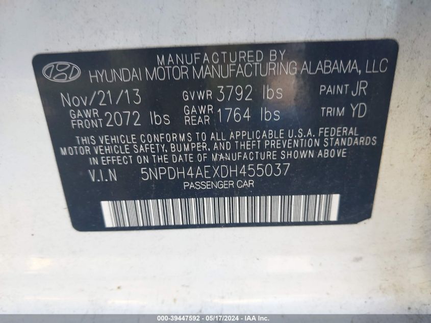 2013 Hyundai Elantra Limited VIN: 5NPDH4AEXDH455037 Lot: 39447592