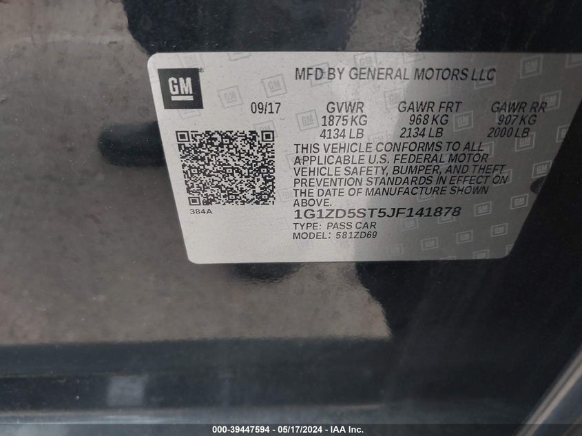 2018 Chevrolet Malibu Lt VIN: 1G1ZD5ST5JF141878 Lot: 39447594