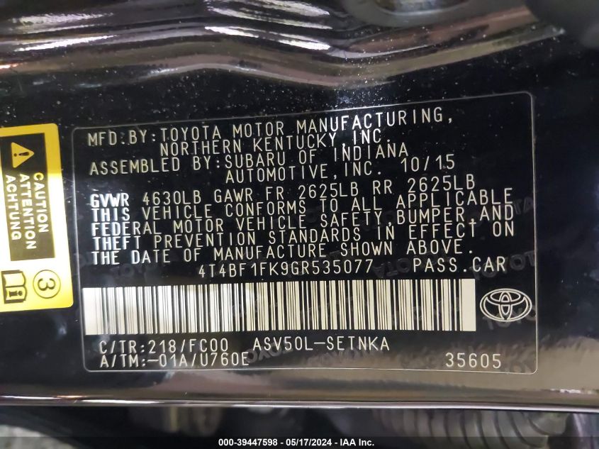 2016 Toyota Camry Le VIN: 4T4BF1FK9GR535077 Lot: 39447598