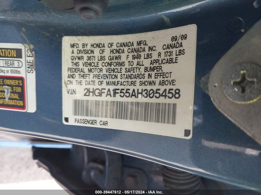 2010 Honda Civic Lx VIN: 2HGFA1F55AH305458 Lot: 39447612