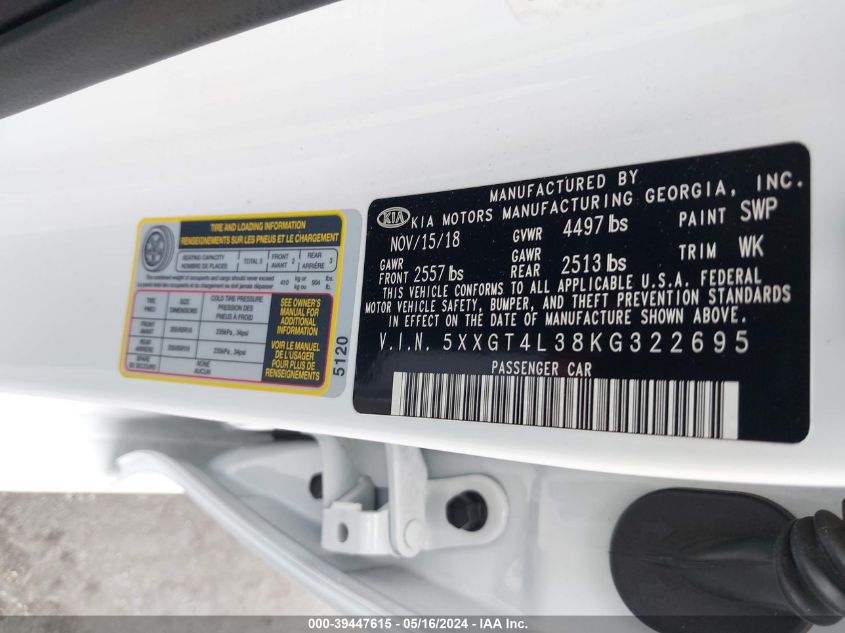 2019 Kia Optima Lx VIN: 5XXGT4L38KG322695 Lot: 39447615