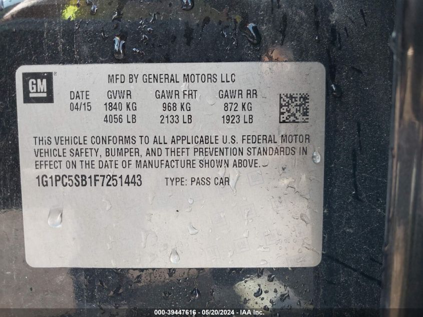 2015 Chevrolet Cruze 1Lt Auto VIN: 1G1PC5SB1F7251443 Lot: 39447616