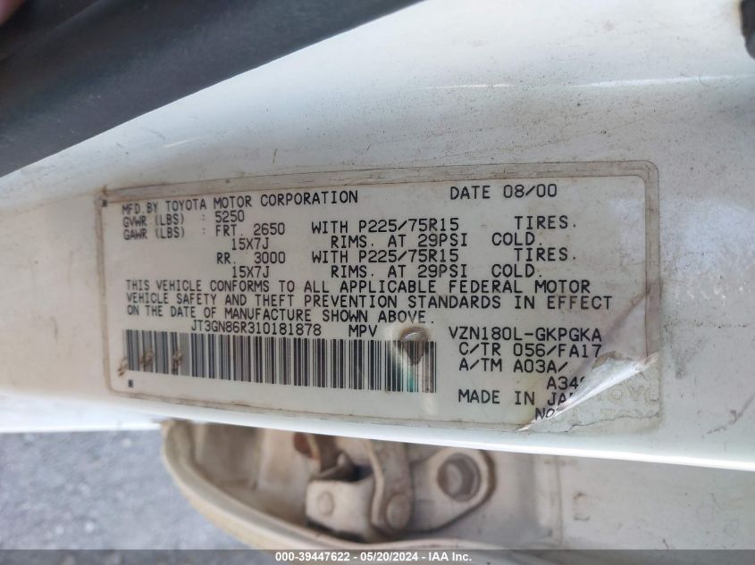 2001 Toyota 4Runner Sr5 V6 VIN: JT3GN86R310181878 Lot: 39447622