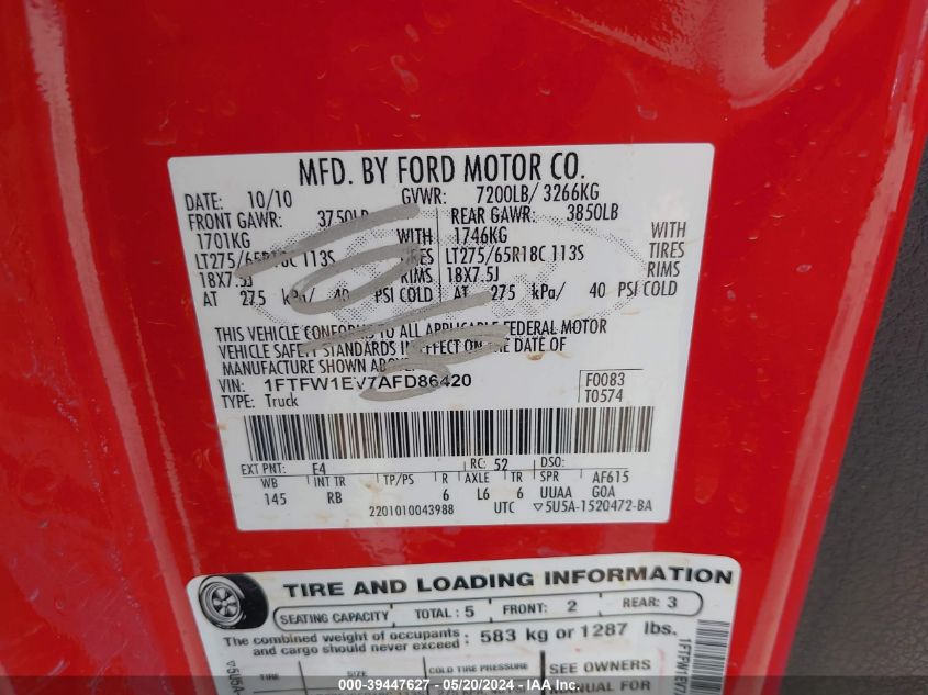 2010 Ford F-150 Fx4/Harley-Davidson/King Ranch/Lariat/Platinum/Xl/Xlt VIN: 1FTFW1EV7AFD86420 Lot: 39447627