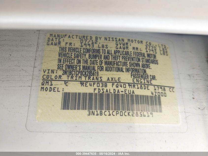 2012 Nissan Versa 1.8 S VIN: 3N1BC1CP0CK285619 Lot: 39447635