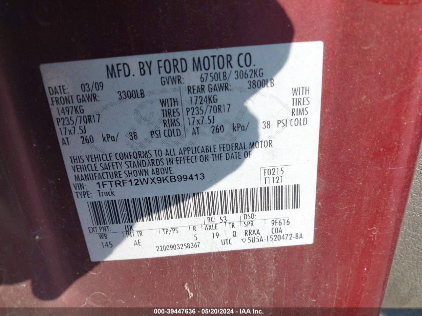 2009 Ford F150 VIN: 1FTRF12WX9KB99413 Lot: 39447636