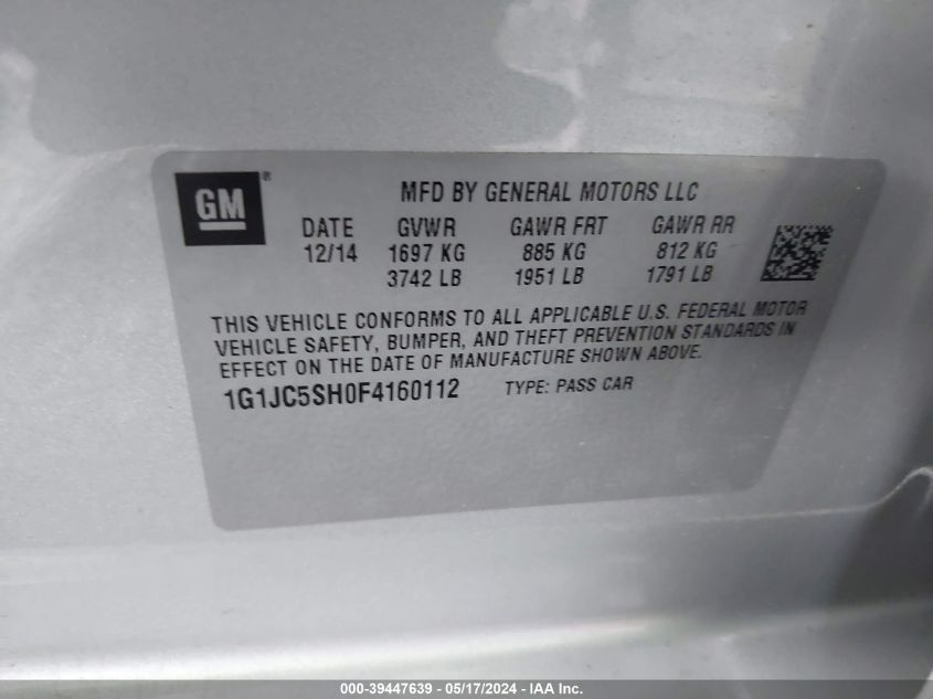 2015 Chevrolet Sonic Lt Auto VIN: 1G1JC5SH0F4160112 Lot: 39447639