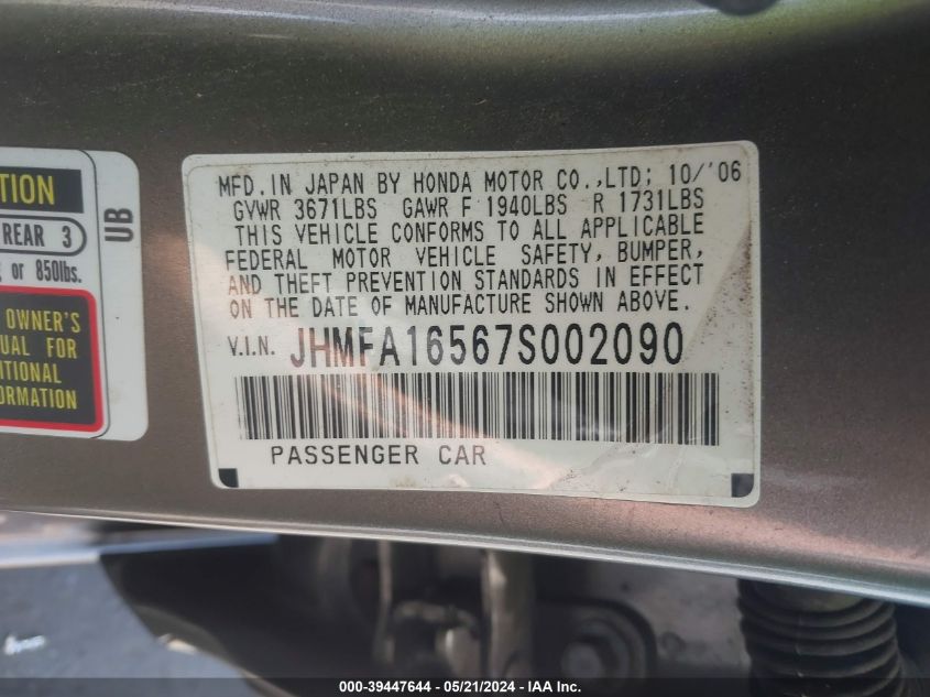 2007 Honda Civic Lx VIN: JHMFA16567S002090 Lot: 39447644