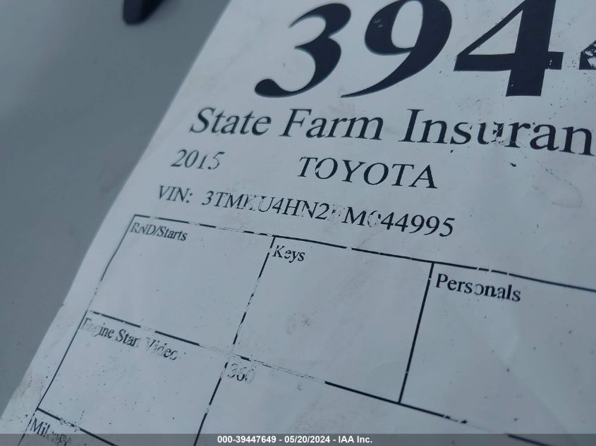 2015 Toyota Tacoma Prerunner V6 VIN: 3TMKU4HN2FM044995 Lot: 39447649