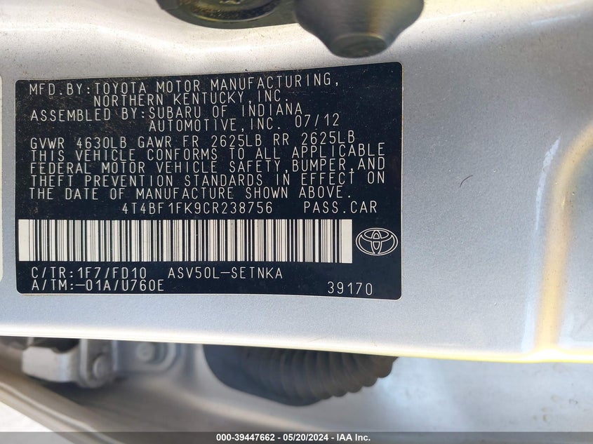 2012 Toyota Camry Le VIN: 4T4BF1FK9CR238756 Lot: 39447662