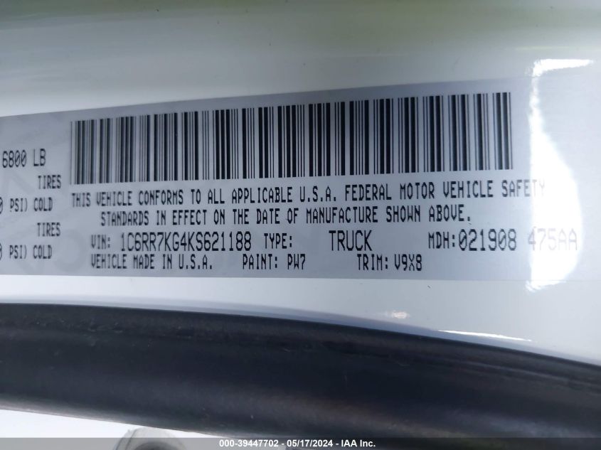 2019 Ram 1500 Classic Tradesman 4X4 5'7 Box VIN: 1C6RR7KG4KS621188 Lot: 39447702